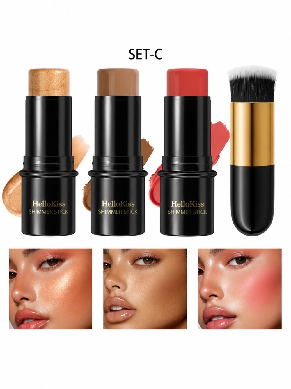 HelloKiss 3 Color Contour Stick Set Highlighter Blush Contour + Brush New